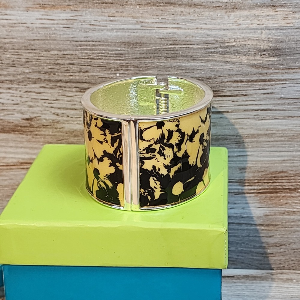 Macy's Brazil Collection Floral Tropical Hinged Cuff Bracelet Yellow Green Black